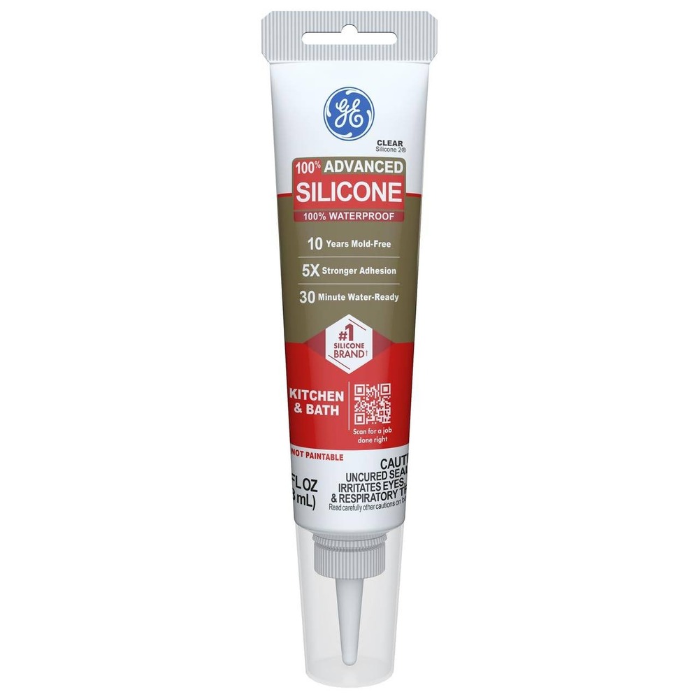 GE Advanced Silicone Caulk for Kitchen & Bathroom, Clear, 2.8 fl oz Tube 100% W